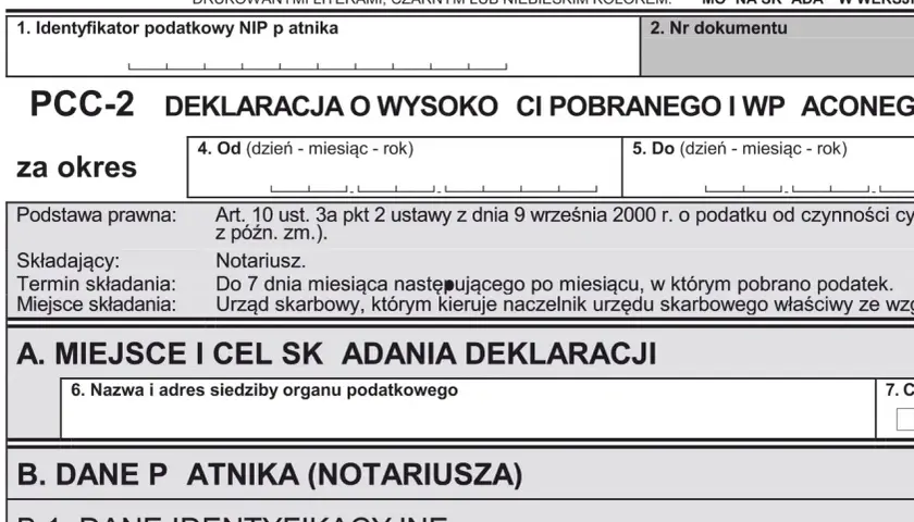 Deklaracja PCC-2 dotycząca podatku od czynności cywilnoprawnych, np. podatek od zakupu mieszkania od dewelopera.