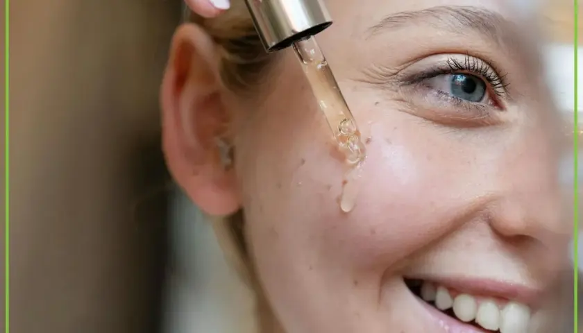 Kropla serum z pipety ląduje na policzku. Czy retinol to witamina A? Tak, to pochodna witaminy A, kluczowa dla zdrowej skóry.