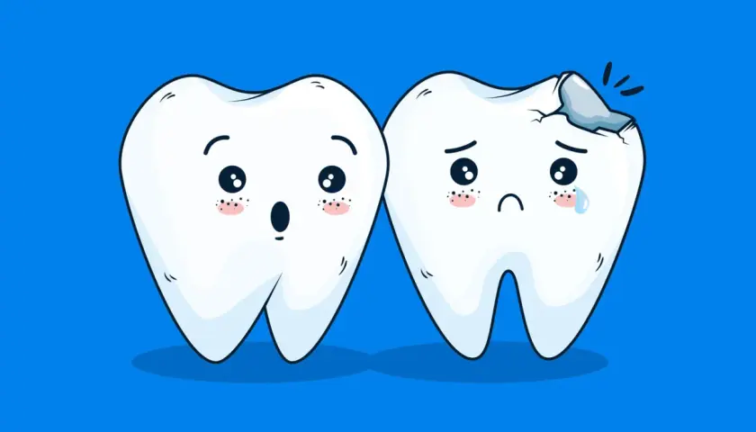 Due denti con espressioni facciali: uno sorpreso, l'altro triste con una carie. Un monito per prevenire carie e prendersi cura del proprio sorriso.