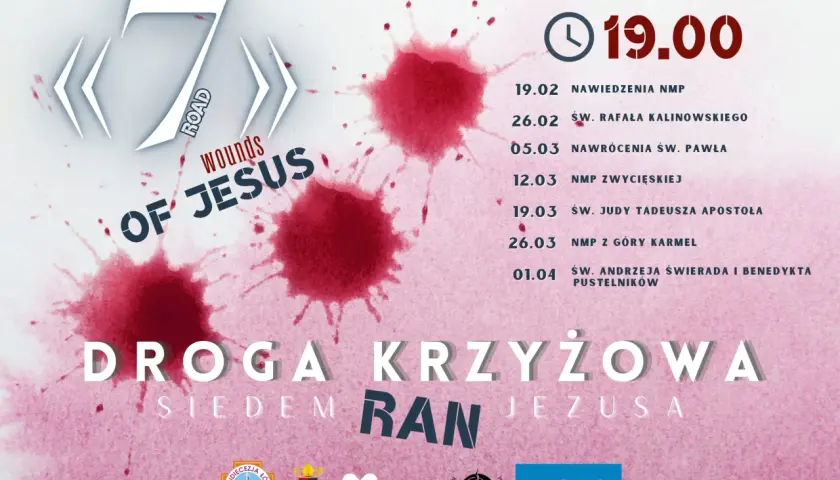 Plakat informuje o terminach Drogi Krzyżowej o 19:00, z datami i tematami rozważań.