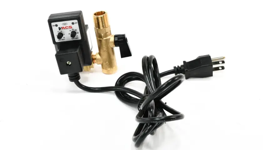 Válvula de purga automática para compresor con temporizador ajustable y cable de alimentación.