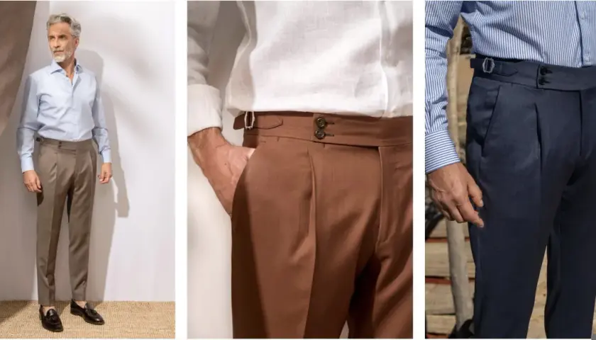 Trois hommes portent des pantalons de costume sans ceinture, de couleur marron, bleu marine et un autre homme en pantalon marron.
