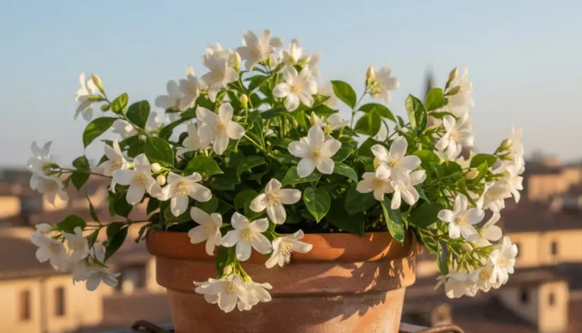 Un jazmín en maceta, con sus delicadas flores blancas y hojas verdes, adorna un balcón con vistas a tejados al atardecer.