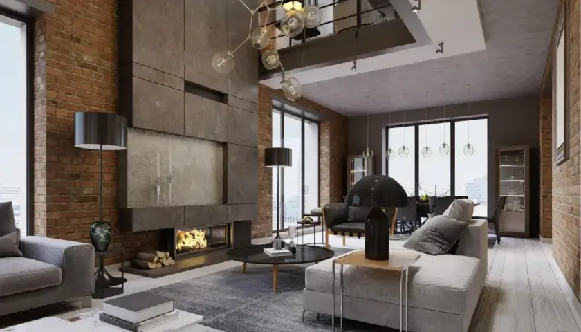 Nowoczesny styl loftowy salon z ceglanymi ścianami, kominkiem i designerską lampą.