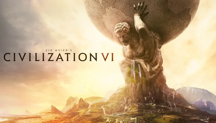 Tytan dźwigający świat na tle zachodzącego słońca, symbolizujący grę Sid Meier's Civilization VI i jej dodatki.