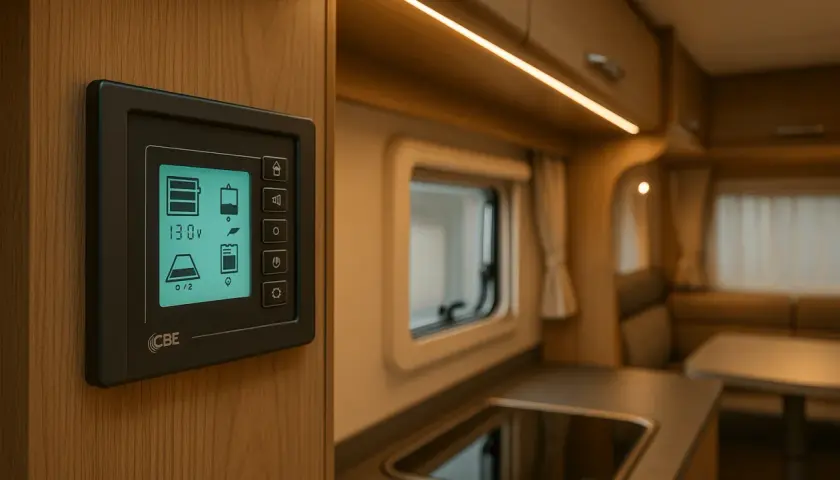 Tableau de commande cellule camping-car Fiat Ducato affichant 13.0V et l'état des batteries.