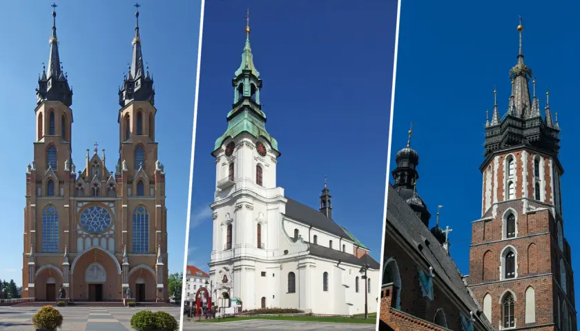 Trzy imponujące budowle sakralne: bazylika z dwiema wieżami, biała świątynia z zieloną kopułą i ceglana wieża. To przykłady tego, czym jest kolegiata.
