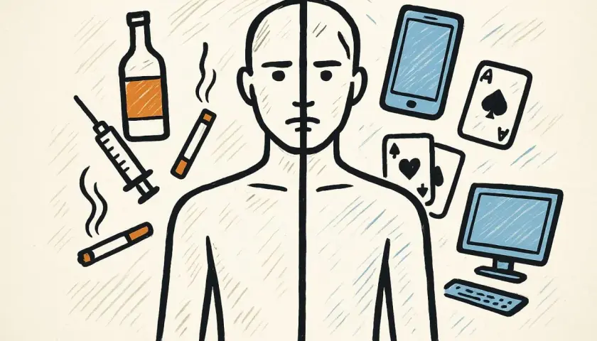 Uomo diviso, da un lato dipendenze da sostanze (alcol, sigarette, siringa), dall'altro dipendenze digitali (smartphone, gioco d'azzardo, computer).