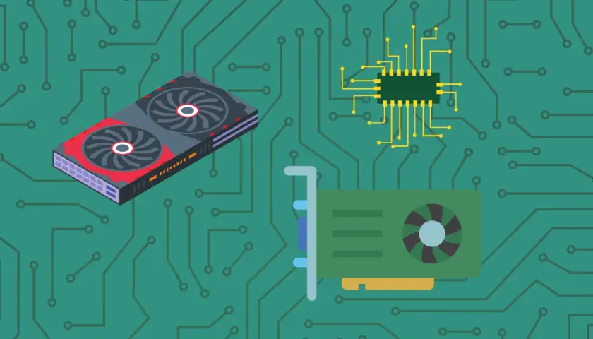 Illustration de composants informatiques sur un circuit imprimé. Apprenez comment connaitre sa carte graphique.
