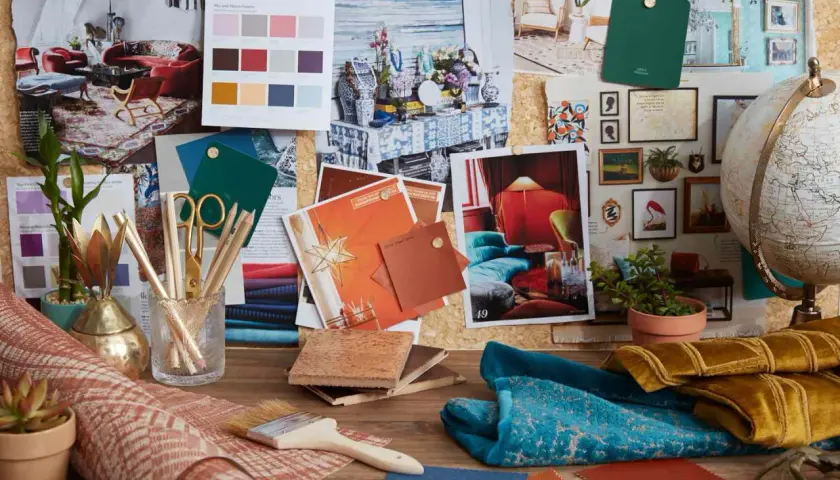 Mood board showcasing boho style furniture inspiration with rich textures, vibrant colors, and eclectic patterns.