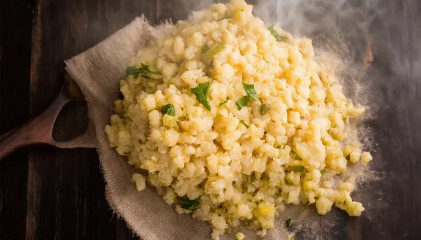 Gorąca kasza bulgur gotowanie na drewnianym stole, parująca i ozdobiona zielonymi ziołami.
