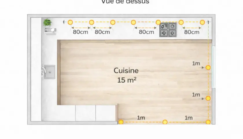 Plan de cuisine 15 m² avec spots lumineux espacés de 80 cm et 1 m. Le nombre de spot par m² est optimisé pour un éclairage uniforme.