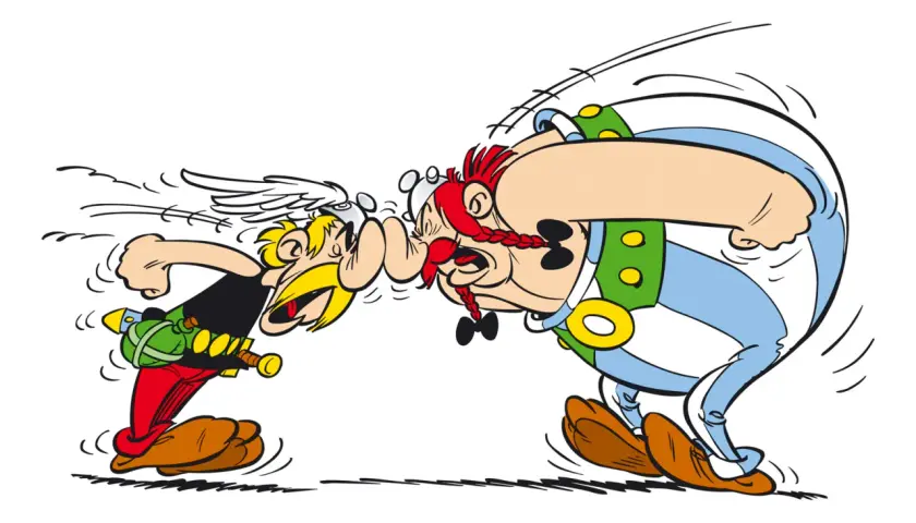 Obelix z wściekłością krzyczy do Asteriksa: "Spierdalaj po francusku!".