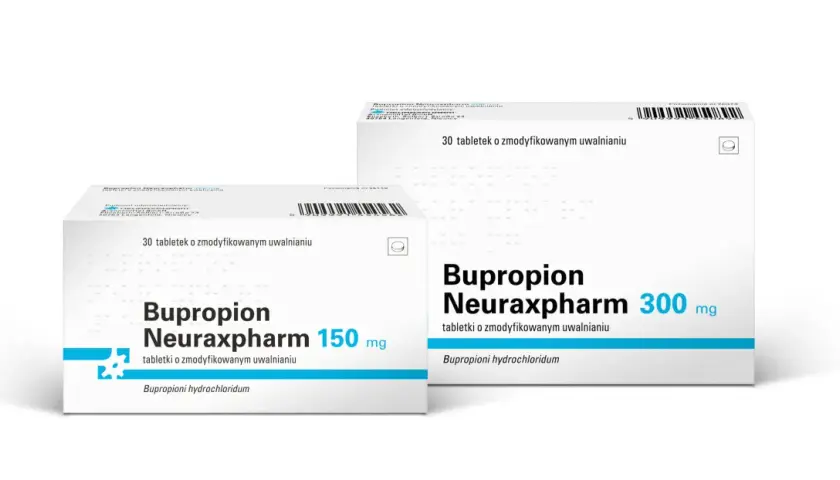 Dwa opakowania leku Bupropion Neuraxpharm 150 mg i 300 mg, zawierające tabletki o zmodyfikowanym uwalnianiu. Wellbutrin to nazwa handlowa tego leku.