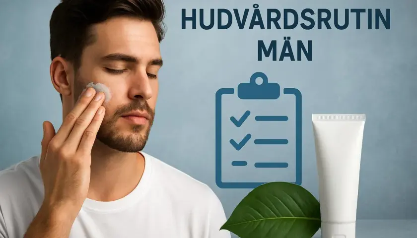 Man applicerar kräm i ansiktet. Texten "Hudvårdsrutin Män" och en checklista antyder en enkel hudvårdsrutin.