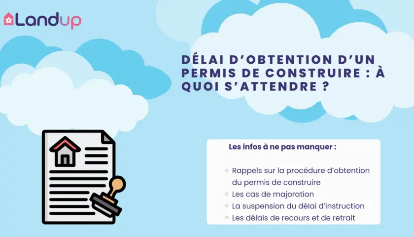 Illustration d'un permis de construire avec un tampon, abordant le délai d'obtention et la suspension du délai d'instruction.
