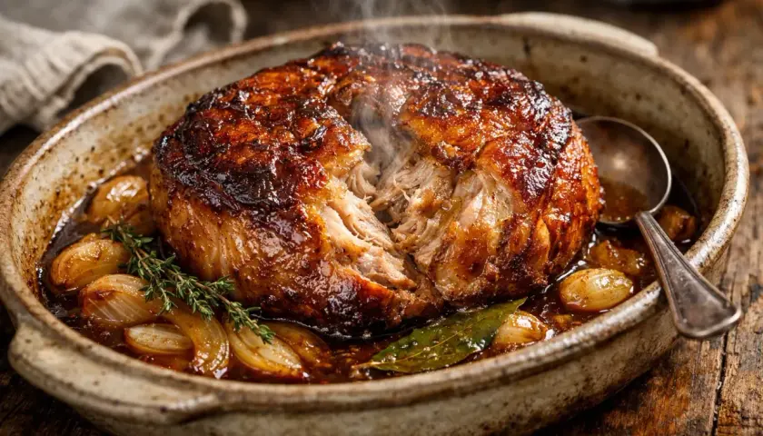 Rouelle de porc rôtie, tendre et juteuse, baignant dans une sauce savoureuse avec des oignons caramélisés et des herbes.