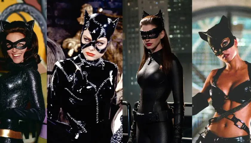 Quatre actrices incarnent Catwoman dans des costumes iconiques : Julie Newmar, Lee Meriwether, Anne Hathaway et Halle Berry.