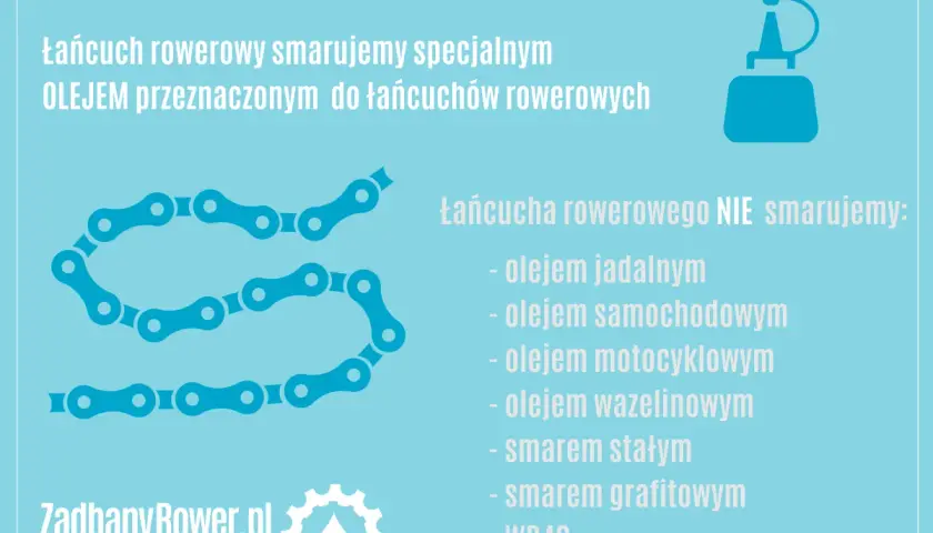 Łańcuch rowerowy smarujemy specjalnym olejem. Nie używaj oleju jadalnego, samochodowego, motocyklowego, wazeliny, smaru stałego, grafitowego ani WD40.