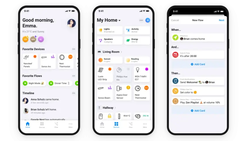 Pantallas de una smarthome app: "Good morning, Emma", "My Home" con dispositivos y "New Flow" para automatizar el hogar.
