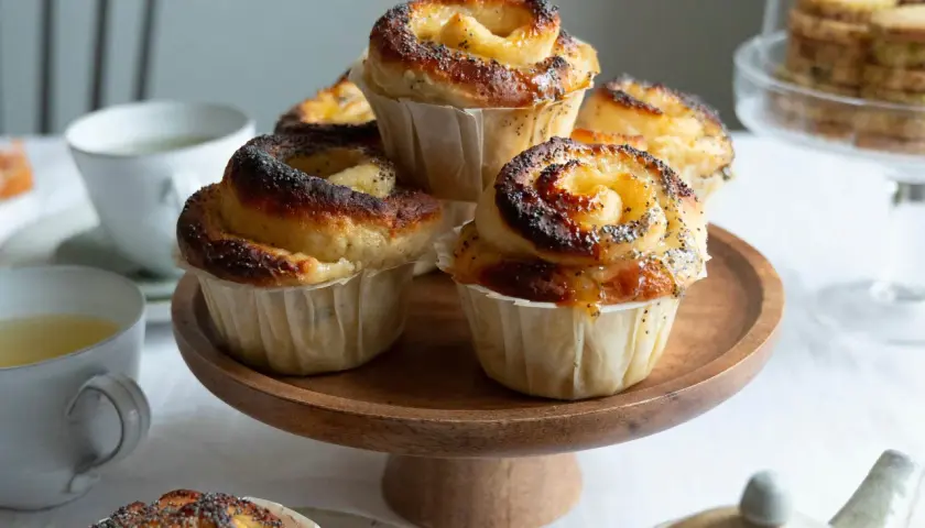 Nybakade bullar med lemoncurd och vallmofrön ligger uppradade på ett träfat. En mysig fika.