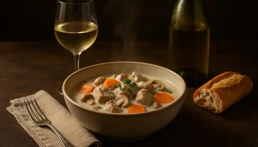 Un plat de veau à la crème avec champignons et carottes, accompagné d'un verre de vin blanc. Parfait pour savoir quel vin avec le veau.