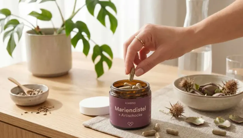 Eine Hand nimmt eine Kapsel aus einem Glas Mariendistel + Artischocke. Informiere dich über mögliche Mariendistel Wechselwirkungen.