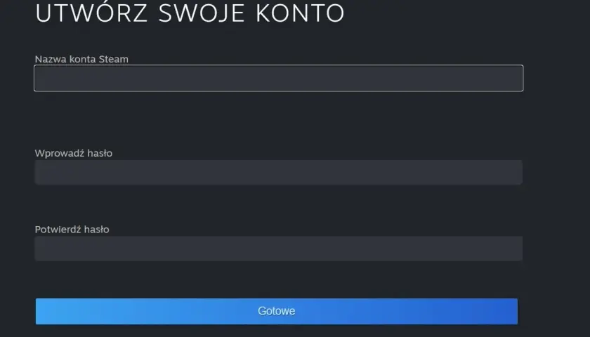 Ekran tworzenia konta Steam. Wpisz nazwę konta, hasło i potwierdź je, aby dowiedzieć się, jak założyć konto na Steam na telefonie.