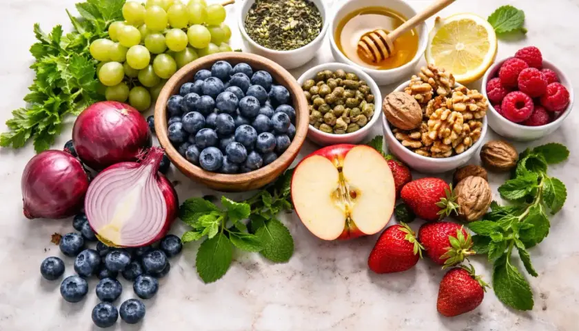 Frutta, verdura e noci: mirtilli, mele, fragole, uva, lamponi, cipolle rosse, capperi, noci, tè, miele e limone. Alimenti ricchi di quercetina per un intestino sano.