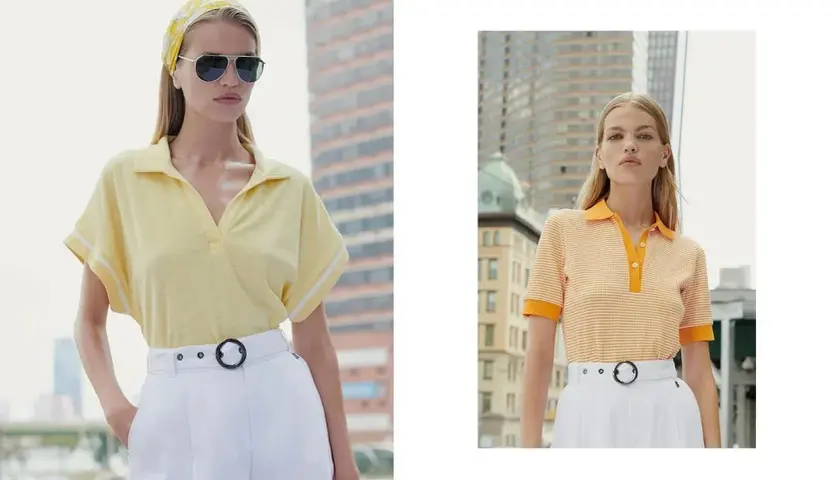 Dwie kobiety w letnich stylizacjach. Jedna w żółtej bluzce polo i białych szortach, druga w pomarańczowej. Czy białe spodnie pogrubiają? Te szorty wyglądają świetnie!