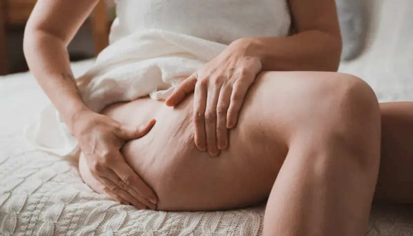 Dłonie dotykają uda, ukazując, jak wygląda cellulit na udach – nierówna, pofałdowana skóra.