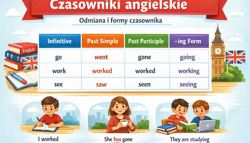 Tabela z odmianą podstawowych czasowników angielskich: go, work, see. Ilustracje dzieci uczących się.