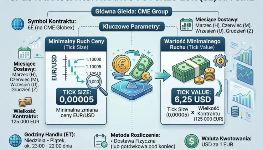 Specyfikacja kontraktu futures EUR (6E) na CME: kluczowe parametry, minimalny ruch ceny (tick size) 0,00005 i wartość minimalnego ruchu (tick value) 6,25 USD. To ważny kalendarz makro dla inwestorów.