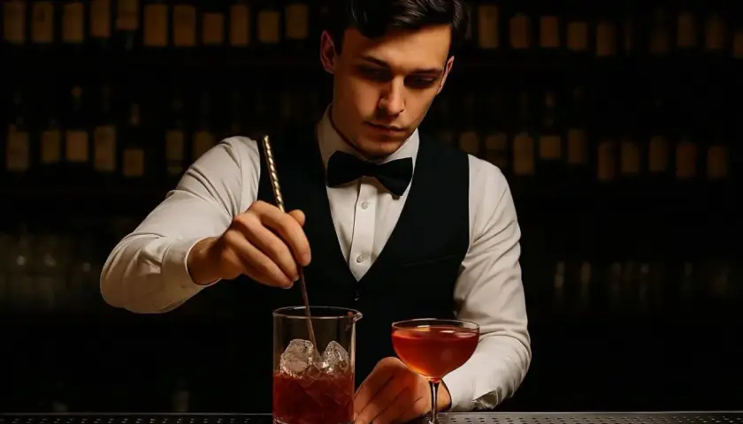 Elegancki barman miesza drinka. Zastanawiasz się, ile kosztuje kurs na barmana, by tworzyć takie arcydzieła?