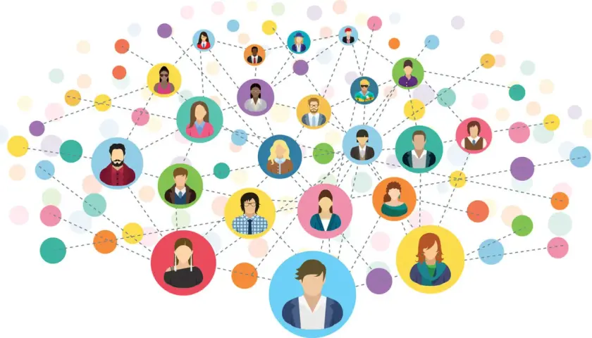 Wizualizacja pokazuje, jak działa networking: połączeni ludzie tworzą sieć kontaktów, wymieniając się pomysłami i budując relacje.