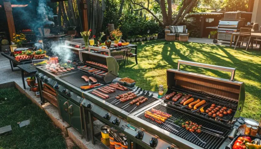 Un grand barbecue en plein air, prêt pour un apéro barbecue. Des saucisses, brochettes et légumes grillent sur plusieurs niveaux, dans un jardin ensoleillé.