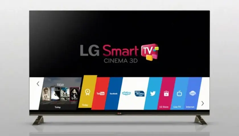 Telewizor LG Smart TV z systemem webOS, prezentujący menu z aplikacjami takimi jak YouTube, Facebook i Skype.