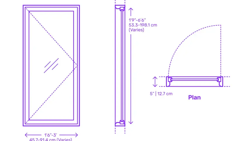 Disegno tecnico di una finestra a battente con misure. Vista frontale, laterale e in pianta.