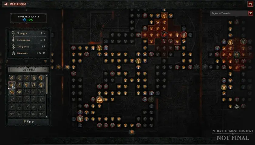 Diablo 4 drzewko umiejętności: panel z dostępnymi punktami, statystykami i glifami. Rozbudowany system rozwoju postaci.