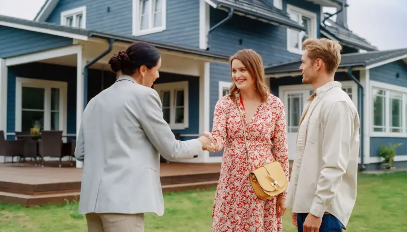 Un couple heureux serre la main d'une agente immobilière devant leur nouvelle maison. Ils ont réussi à vendre leur ancienne propriété et à garder leur prêt.
