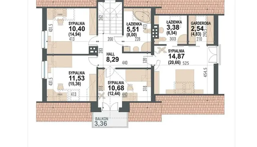 Rzut poddasza domu Karmelita Gold 2m: cztery sypialnie, dwie łazienki, garderoba, hall i balkon. Powierzchnia użytkowa 67,20m².