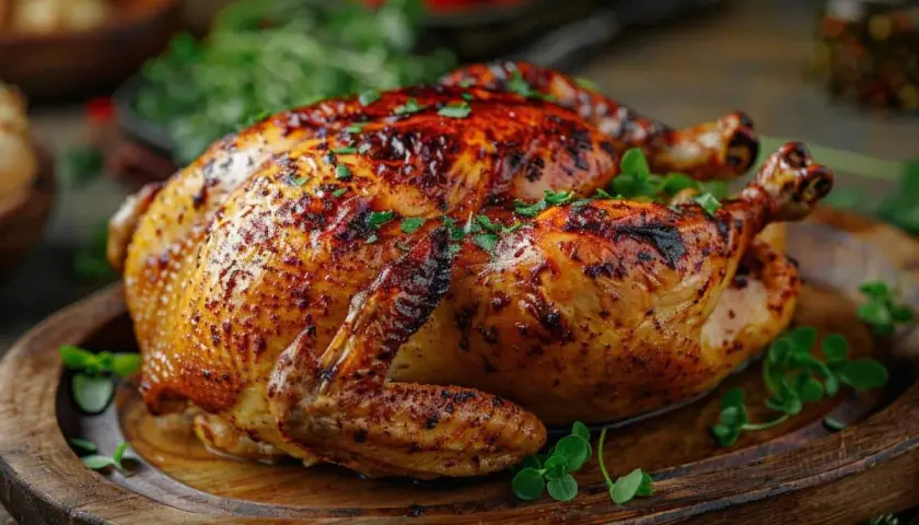 Un appétissant poulet au four, doré et garni de persil frais, sur un plateau en bois rustique.