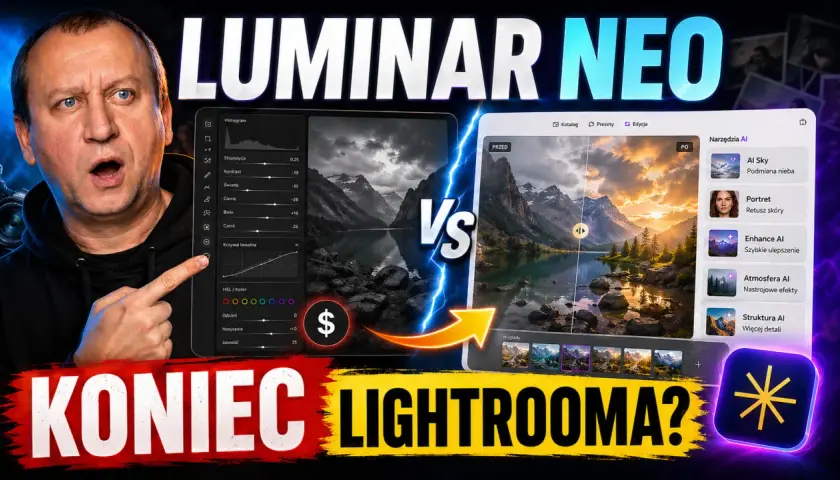 Mężczyzna zszokowany porównuje edycję zdjęć w Luminar AI i Lightroom, pokazując różnice w obróbce krajobrazu.