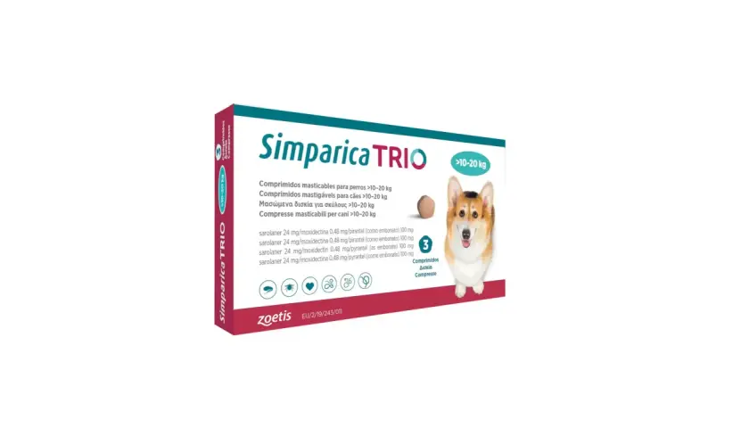 Opakowanie Simparica TRIO dla psów >10-20 kg. Sprawdź tabletki antykoncepcyjne dla psa cena.
