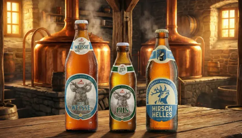 Trois bières allemandes, une Hefe Weisse, une Pils et une Helles, sur une table en bois devant des cuves de brassage.