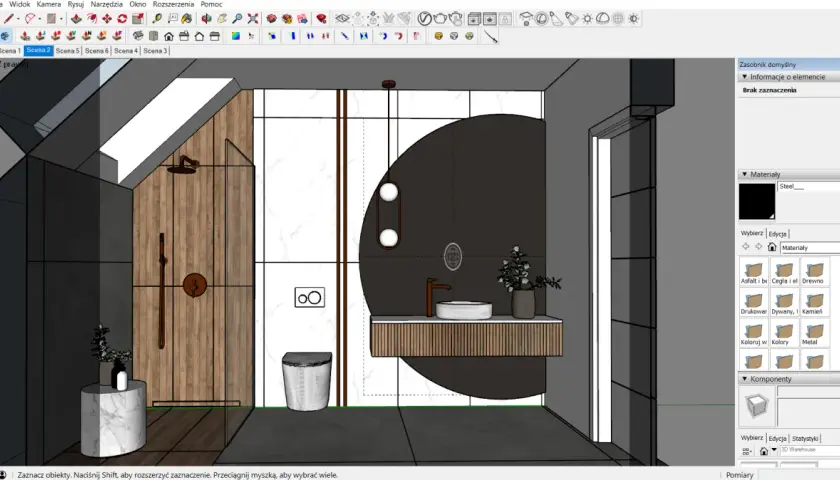 Nowoczesny program do projektowania łazienki. Widok 3D prysznica, toalety i umywalki z drewnianymi elementami.