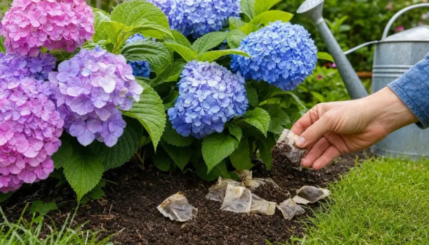Une main ajoute du marc de thé au pied d'hortensias aux magnifiques fleurs roses et bleues. L'hortensia couleur est sublimé par ce geste.