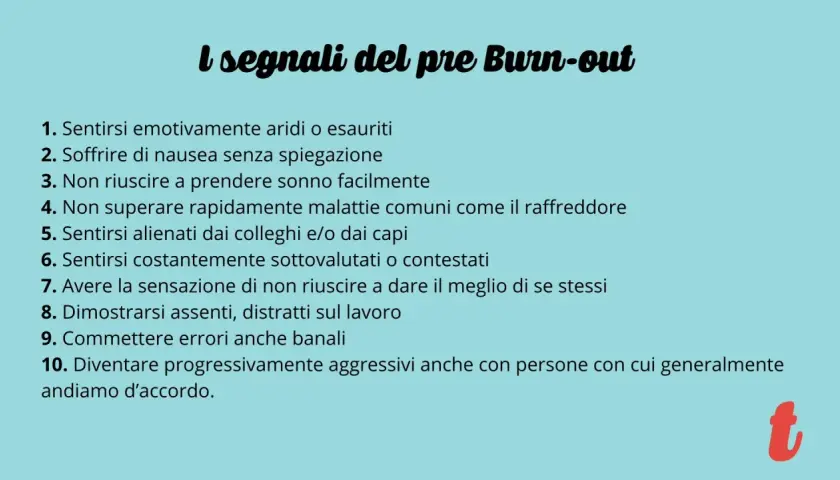 I segnali del pre Burn-out: sentirsi aridi, nausea, insonnia, stanchezza, alienazione, errori. La prevenzione del burnout inizia dal riconoscimento di questi sintomi.