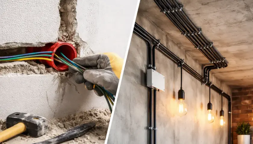 Przegląd instalacji elektrycznej: montaż przewodów w ścianie i estetyczne prowadzenie kabli z lampami w industrialnym stylu.
