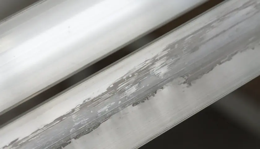 Aluminium nie rdzewieje, ale może ulegać korozji, tworząc biały nalot, jak widać na tych metalowych profilach.